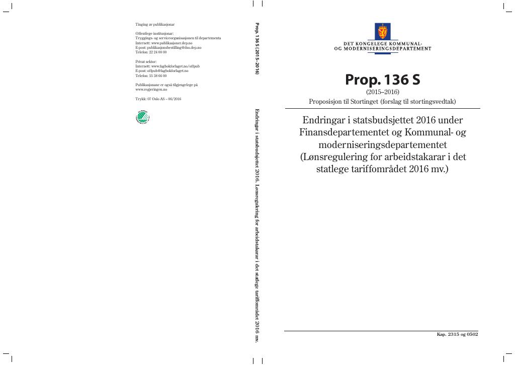 Forsiden av dokumentet Prop. 136 S (2015–2016)