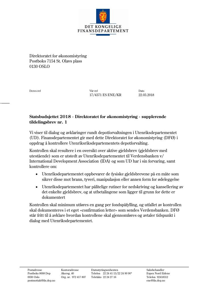Forsiden av dokumentet Supplerende tildelingsbrev nr. 1 DFØ 2018