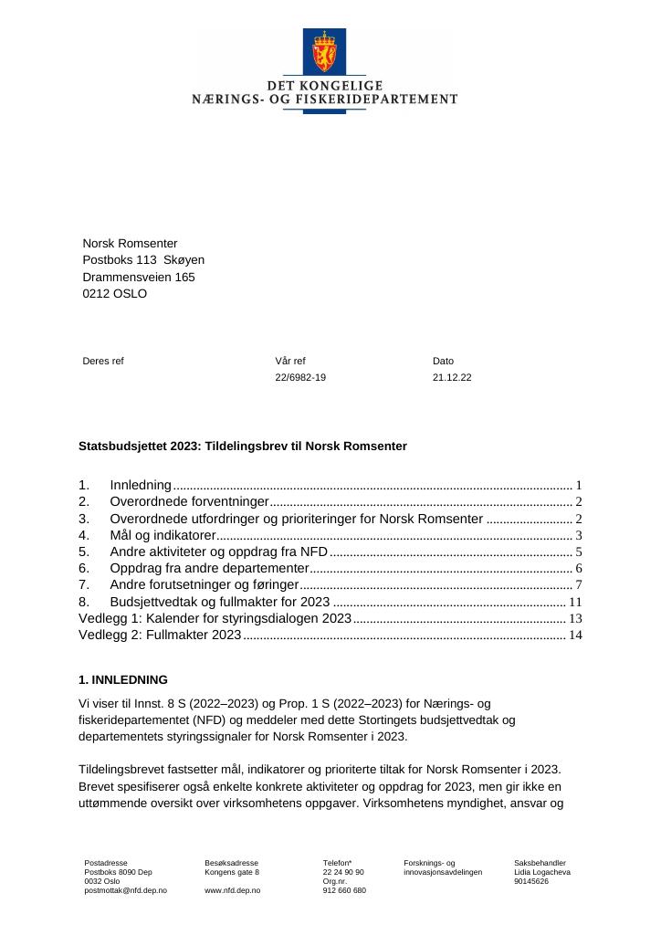 Forsiden av dokumentet Tildelingsbrev Norsk Romsenter 2023