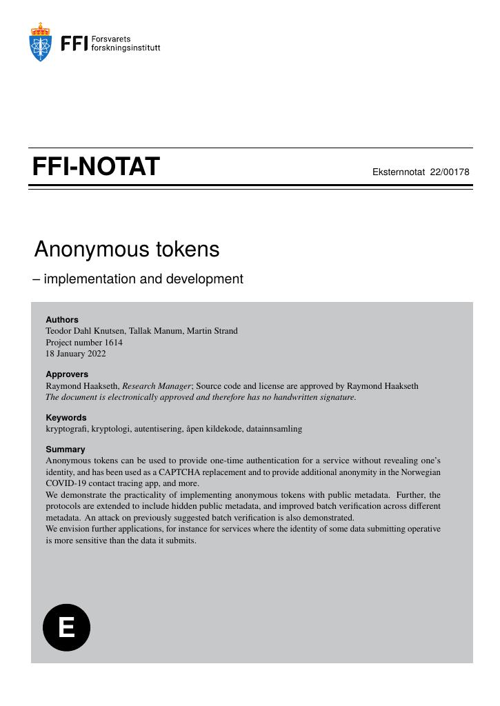 Forsiden av dokumentet Anonymous tokens : implementation and development