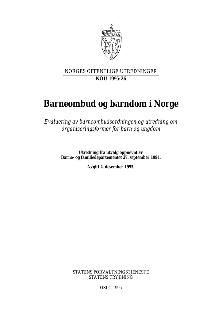 Forsiden av dokumentet NOU 1995: 26 - Barneombud og barndom i Norge