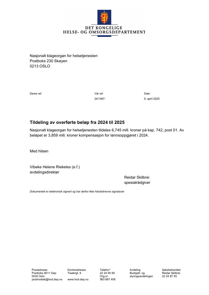 Forsiden av dokumentet Tildelingsbrev Nasjonalt klageorgan for helsetjenesten 2025 - tillegg nr. 1