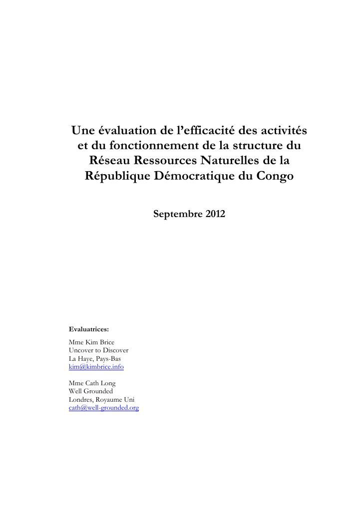 Forsiden av dokumentet Evaluation of the efficiency of activities and functioning of the Réseau Ressources Naturelles network organization