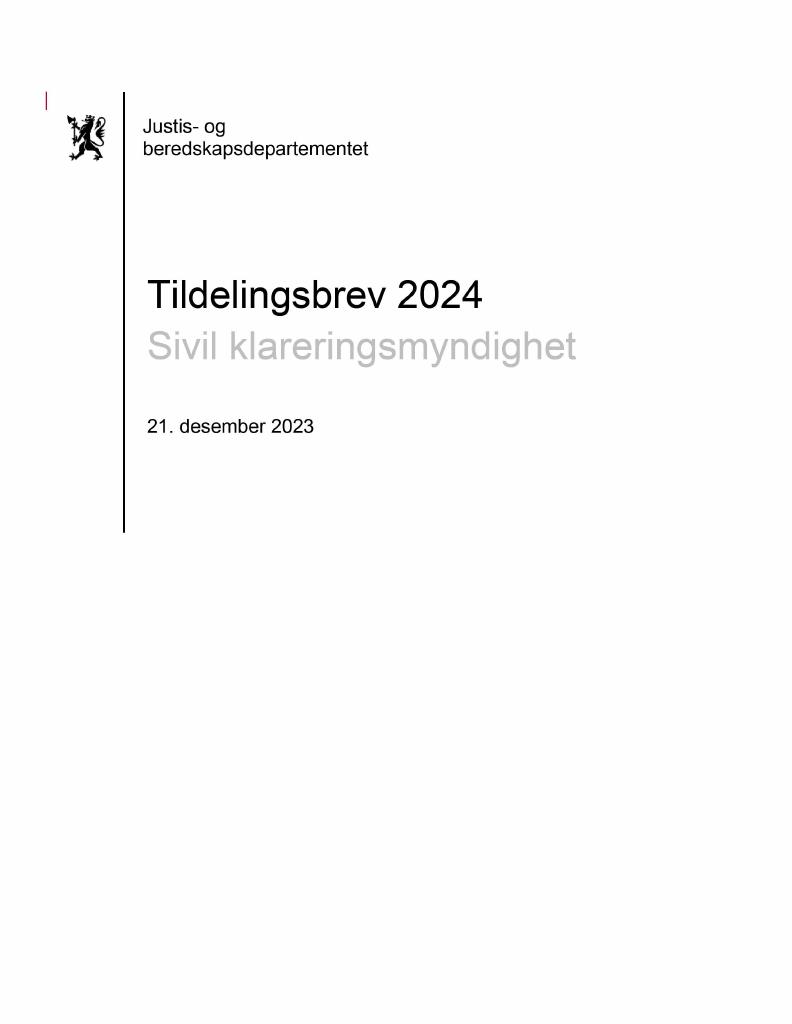 Forsiden av dokumentet Tildelingsbrev Sivil klareringsmyndighet