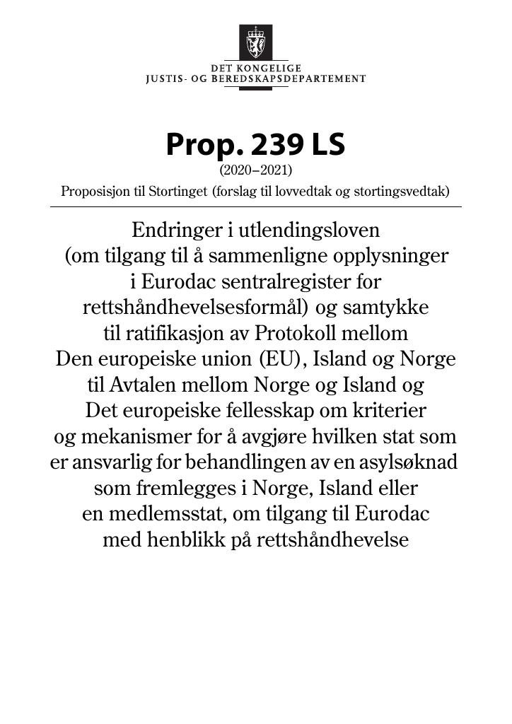 Forsiden av dokumentet Prop. 239 LS (2020–2021)