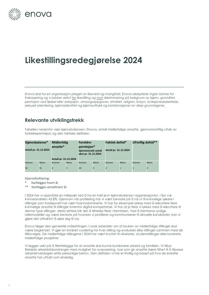 Forsiden av dokumentet Likestillingsredegjørelse Enova 2024