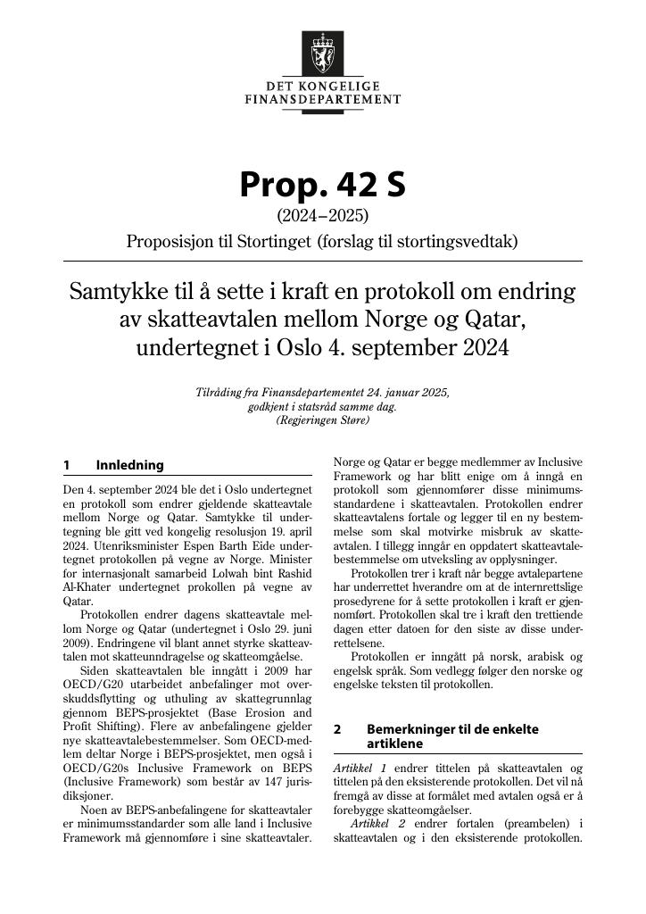 Forsiden av dokumentet Prop. 42 S (2024–2025)