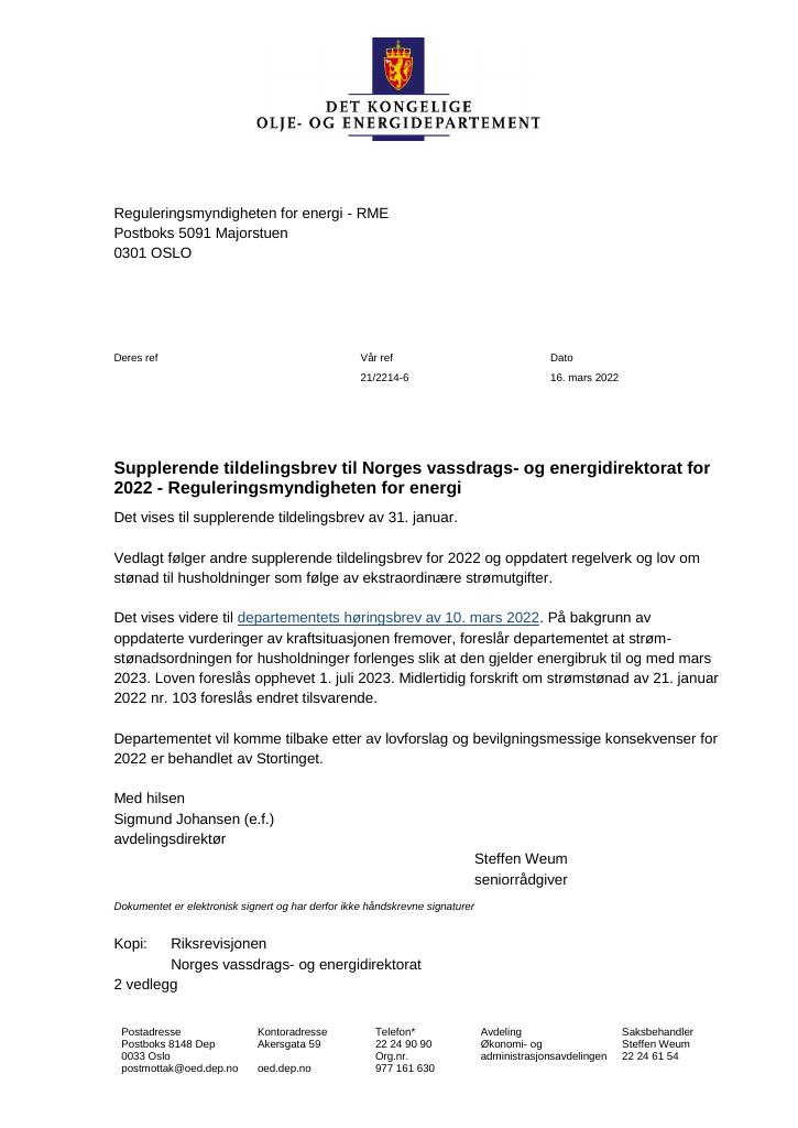 Forsiden av dokumentet Tildelingsbrev Norges vassdrags- og energidirektorat 2022 - tillegg nr. 1