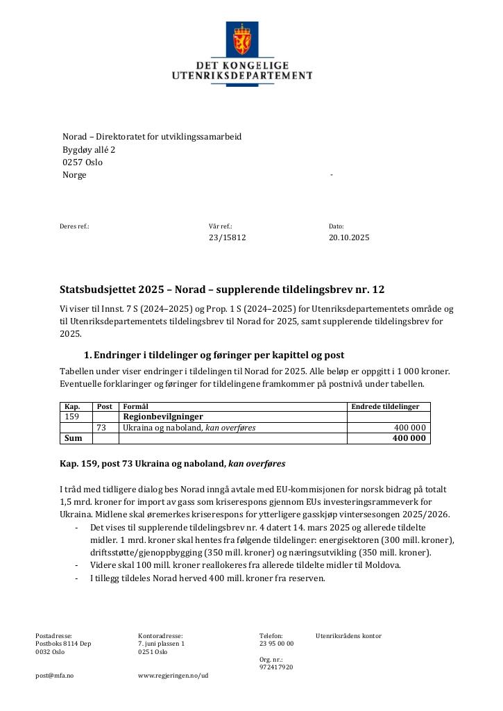 Forsiden av dokumentet Tildelingsbrev Norad 2025 - tillegg nr. 12