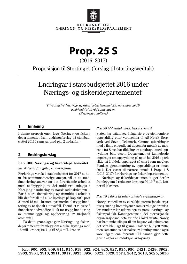 Forsiden av dokumentet Prop. 25 S (2016–2017)