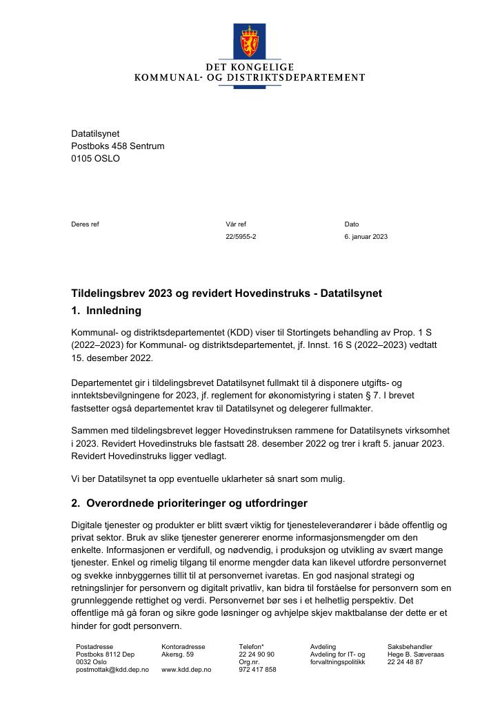 Tildelingsbrev Og Revidert Hovedinstruks Datatilsynet 2023 - Kudos