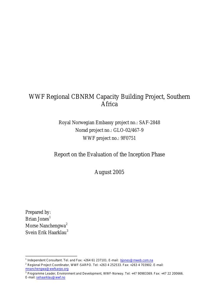 Forsiden av dokumentet Regional CBNRM Capacity Building Project, Southern Africa – Report on the Evaluation of the Inception Phase