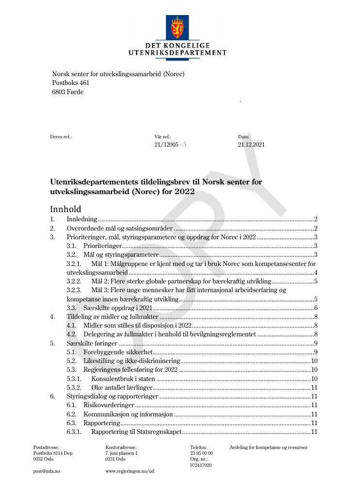 Forsiden av dokumentet Tildelingsbrev Norec 2022