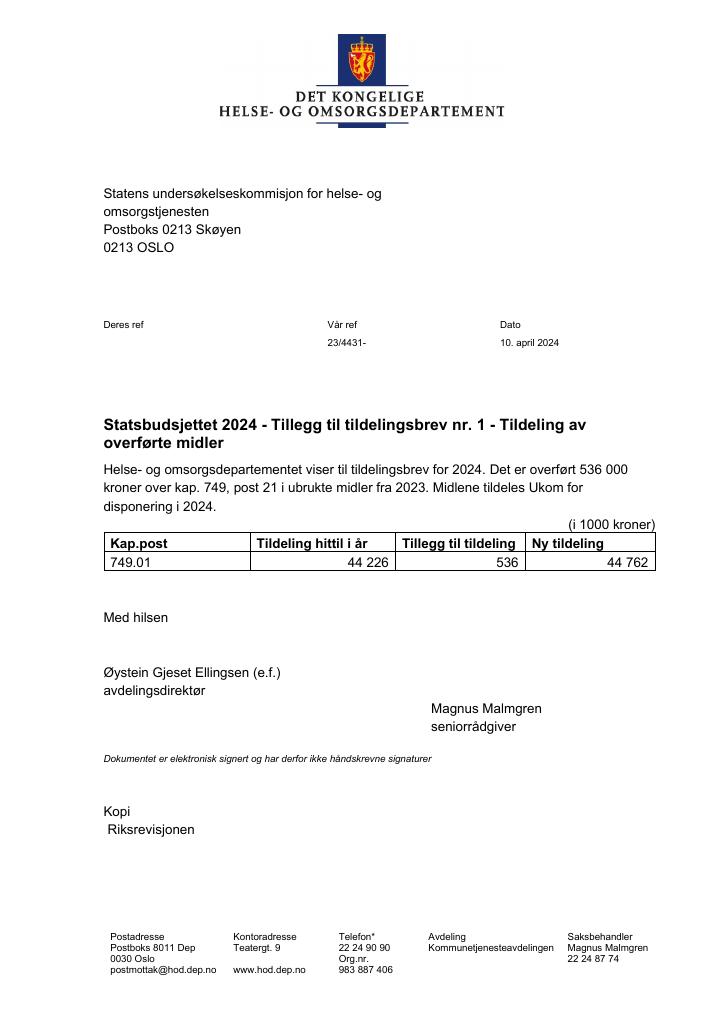 Forsiden av dokumentet Tildelingsbrev Statens undersøkelseskommisjon for helse- og 
omsorgstjenesten (Ukom) 2024 - supplerende 1