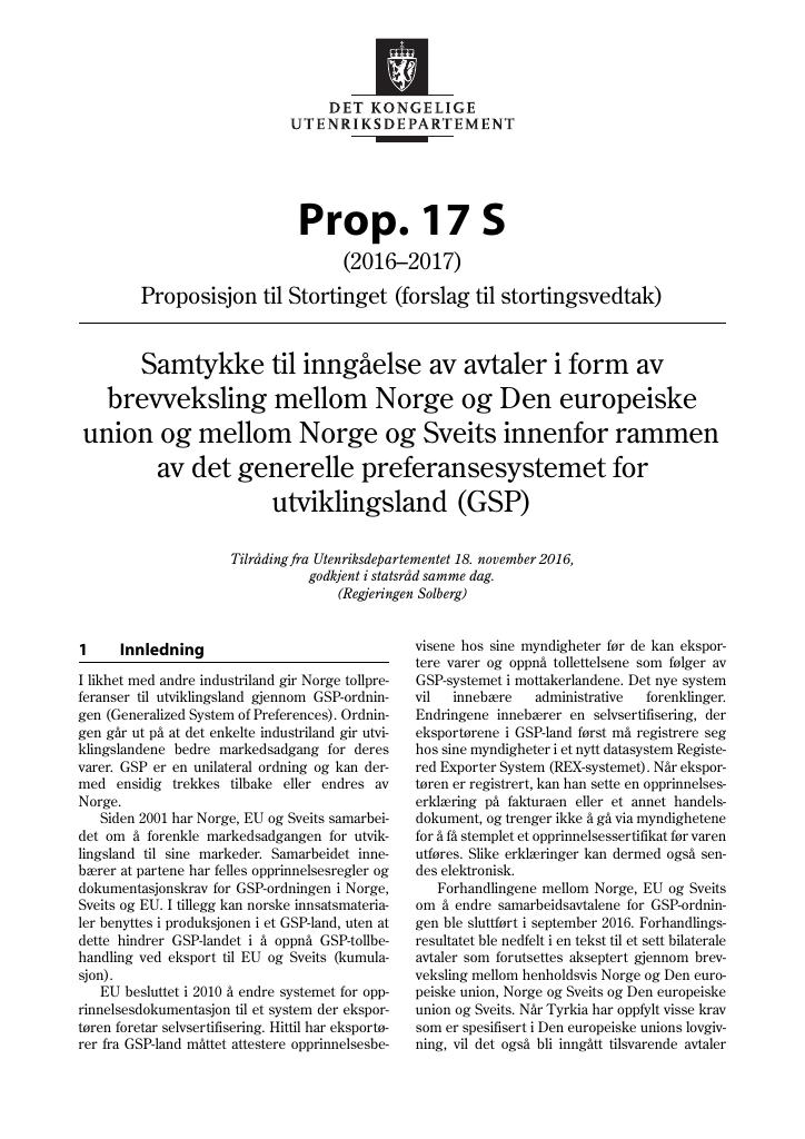 Forsiden av dokumentet Prop. 17 S (2016–2017)