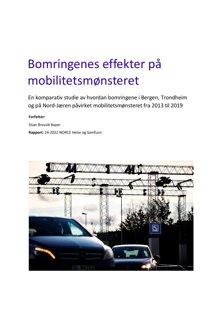 Forsiden av dokumentet Bomringenes effekter på mobilitetsmønsteret : En komparativ studie av hvordan bomringene i Bergen, Trondheim og på Nord-Jæren påvirket mobilitetsmønsteret fra 2013 til 2019