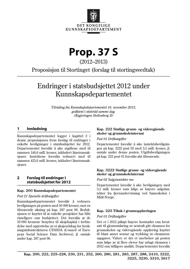 Forsiden av dokumentet Prop. 37 S (2012–2013)