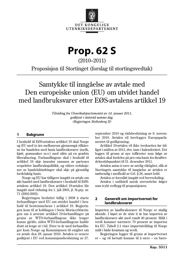 Forsiden av dokumentet Prop. 62 S (2010–2011)