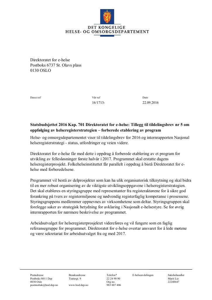 Forsiden av dokumentet Tildelingsbrev Direktoratet for e-helse 2022 - tillegg nr. 5