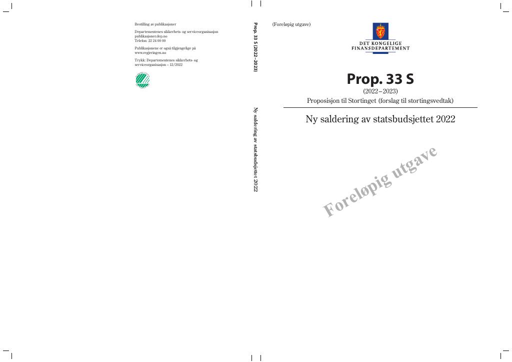 Forsiden av dokumentet Prop. 33 S (2022–2023)