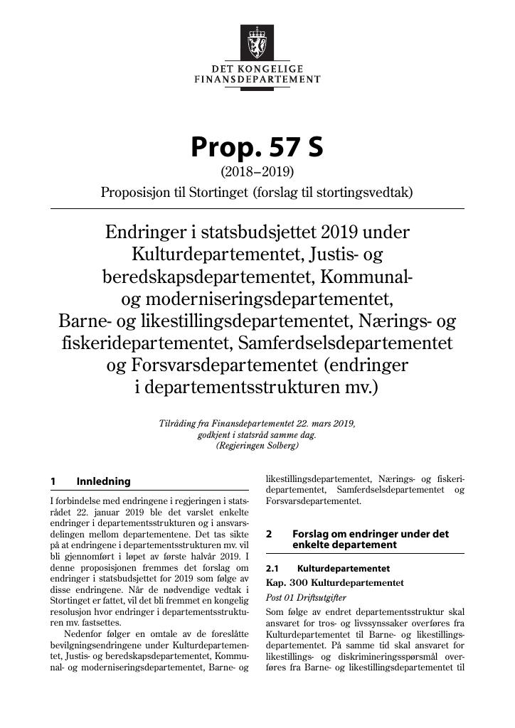 Forsiden av dokumentet Prop. 57 S (2018–2019)