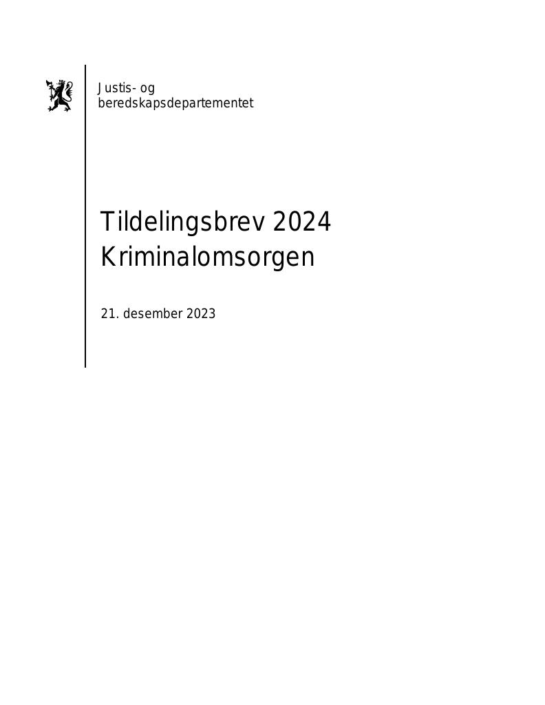 Forsiden av dokumentet Tildelingsbrev Kriminalomsorgen 2024