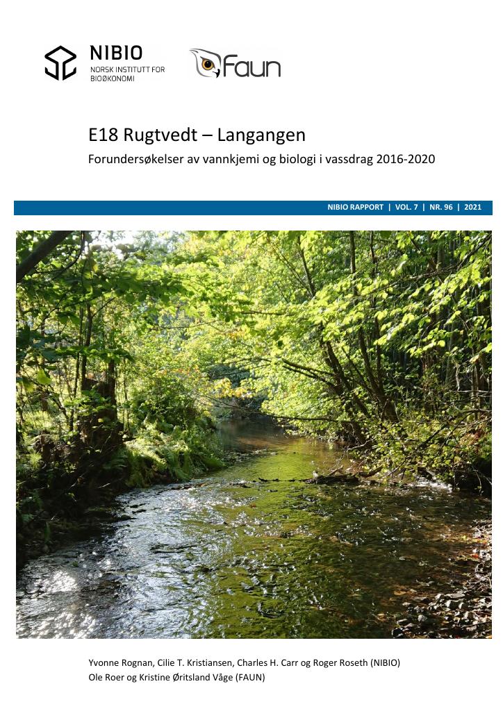 Forsiden av dokumentet E18 Rugtvedt - Langangen : forundersøkelser av vannkjemi og biologi i vassdrag 2016-2020