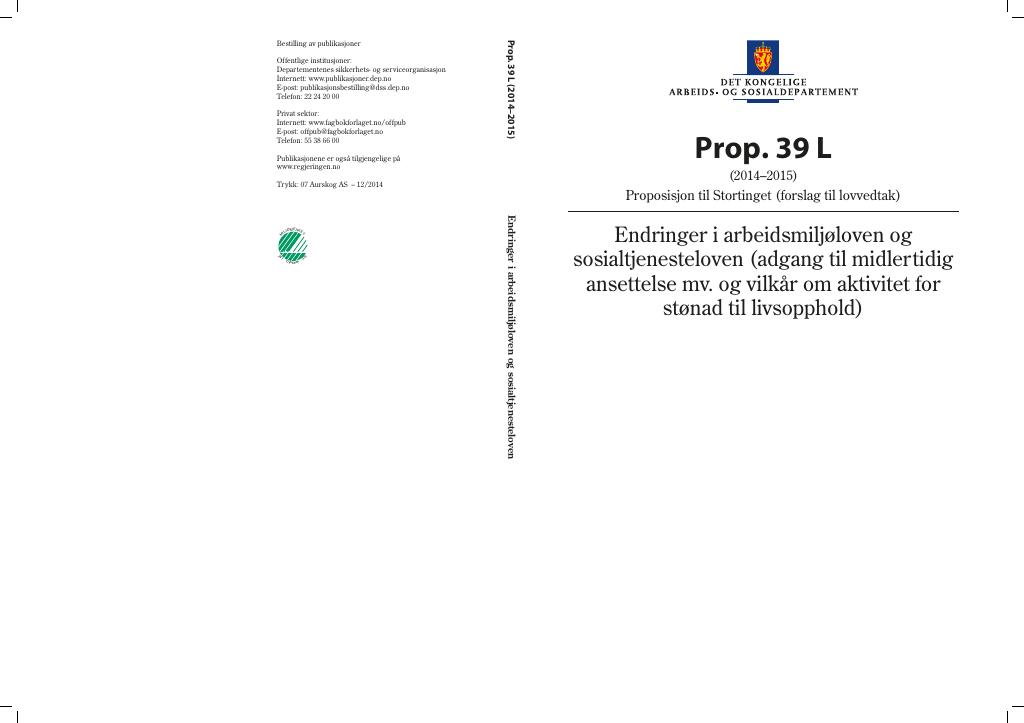 Forsiden av dokumentet Prop. 39 L (2014–2015)