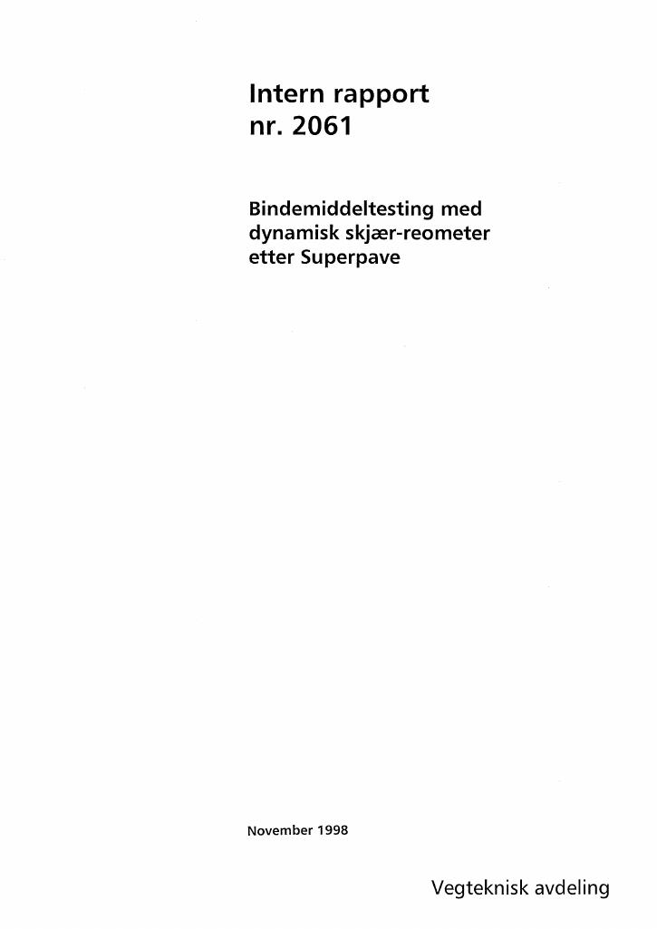 Forsiden av dokumentet Bindemiddeltesting med dynamisk skjær-reometer etter Superpave