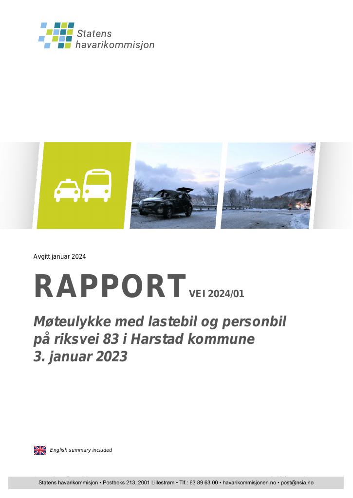 Forsiden av dokumentet Rapport om møteulykke med lastebil og personbil på riksvei 83 i Harstad kommune 3. januar 2023