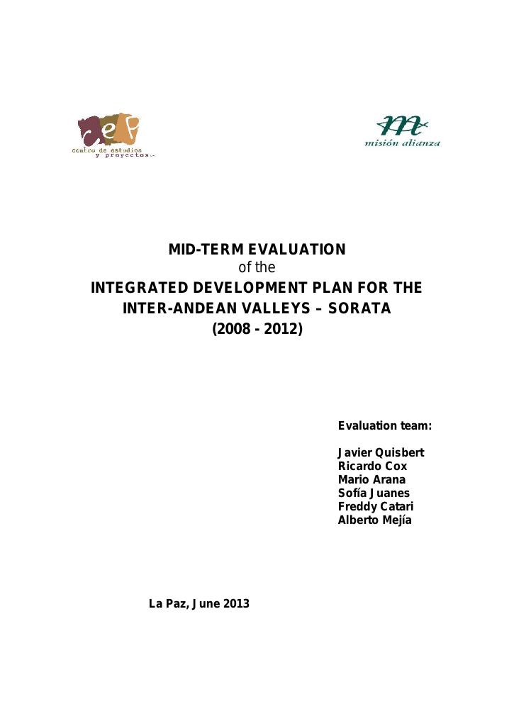 Forsiden av dokumentet Mid-term evaluation of the Integrated Development Plan for the Inter-Andean Valleys – Sorata (2008 - 2012)