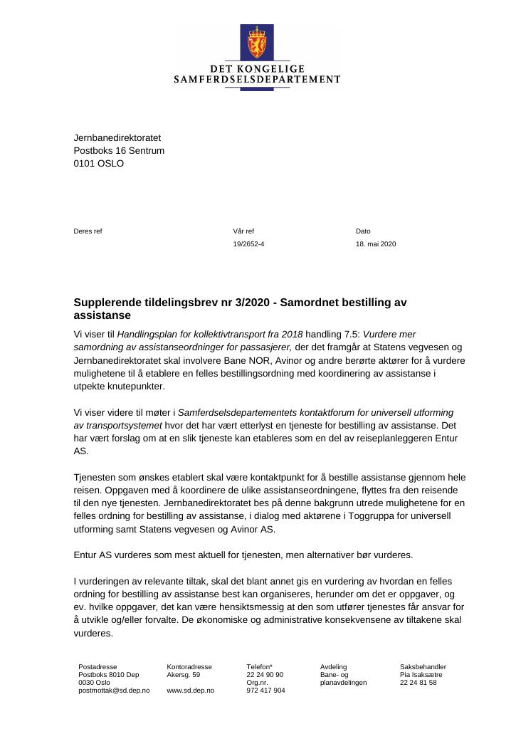 Forsiden av dokumentet Supplerende tildelingsbrev Jernbanedirektoratet 2020 - nr. 3