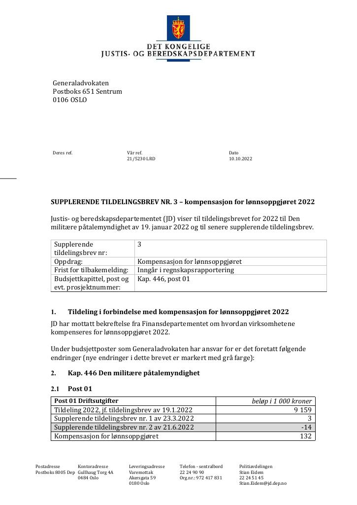 Forsiden av dokumentet Tildelingsbrev Generaladvokaten 2022 - tillegg nr. 3