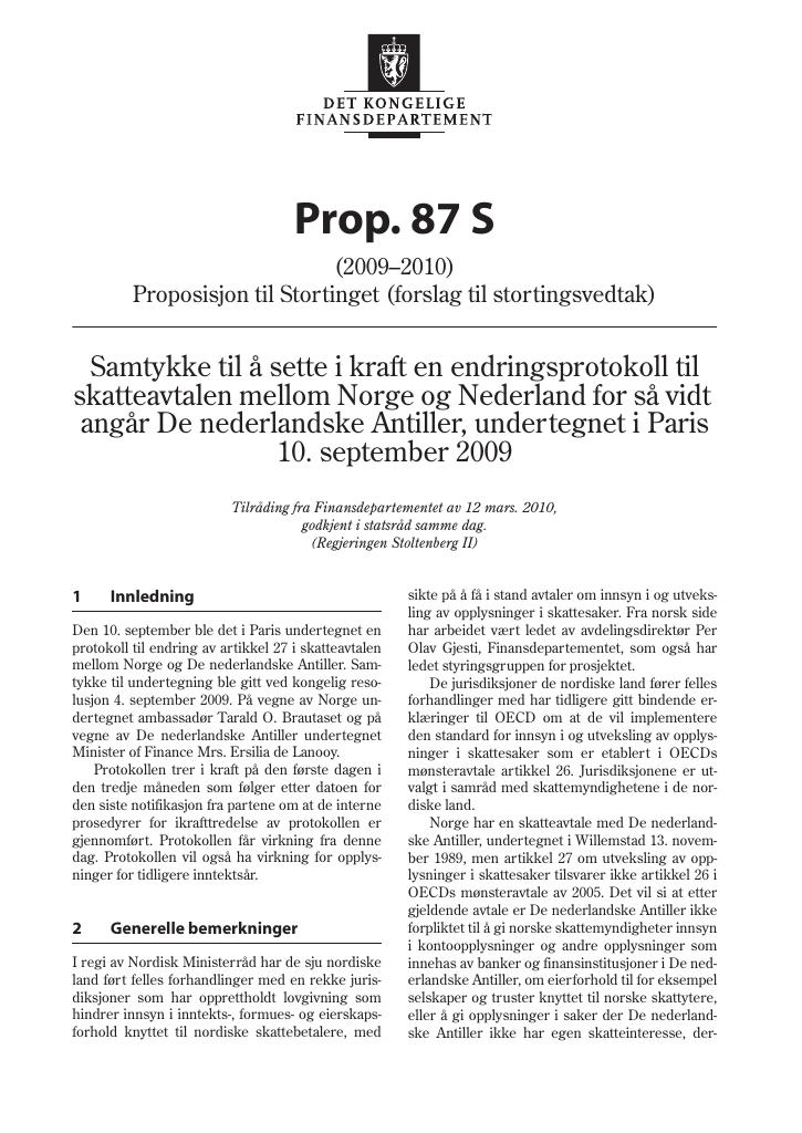 Forsiden av dokumentet Prop. 87 S 2009-2010