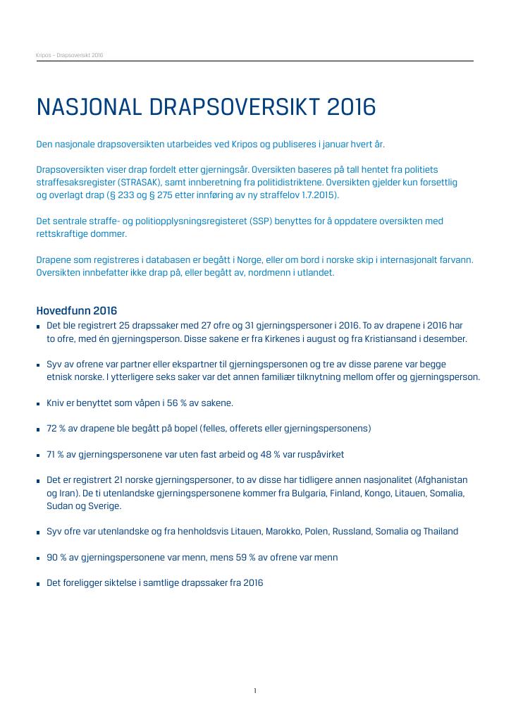 Forsiden av dokumentet Nasjonal drapsoversikt 2016