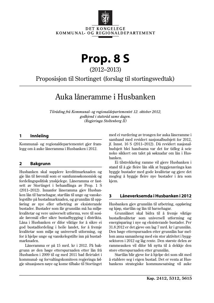 Forsiden av dokumentet Prop. 8 S (2012–2013)