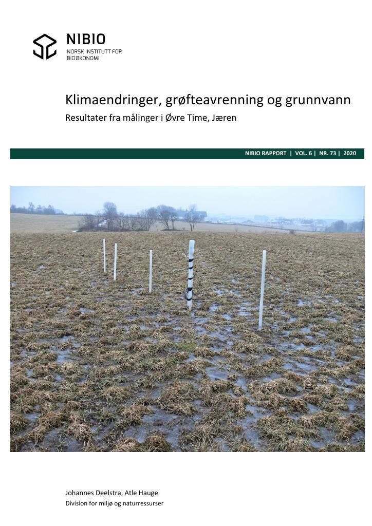 Forsiden av dokumentet Klimaendringer, grøfteavrenning og grunnvann, resultater fra målinger i Øvre Time, Jæren