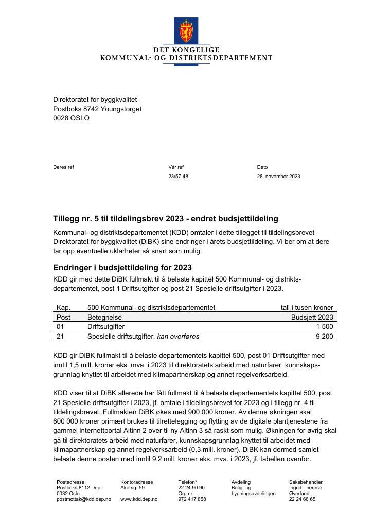 Forsiden av dokumentet Tillegg nr. 5 til tildelingsbrev DiBK 2023 (pdf)