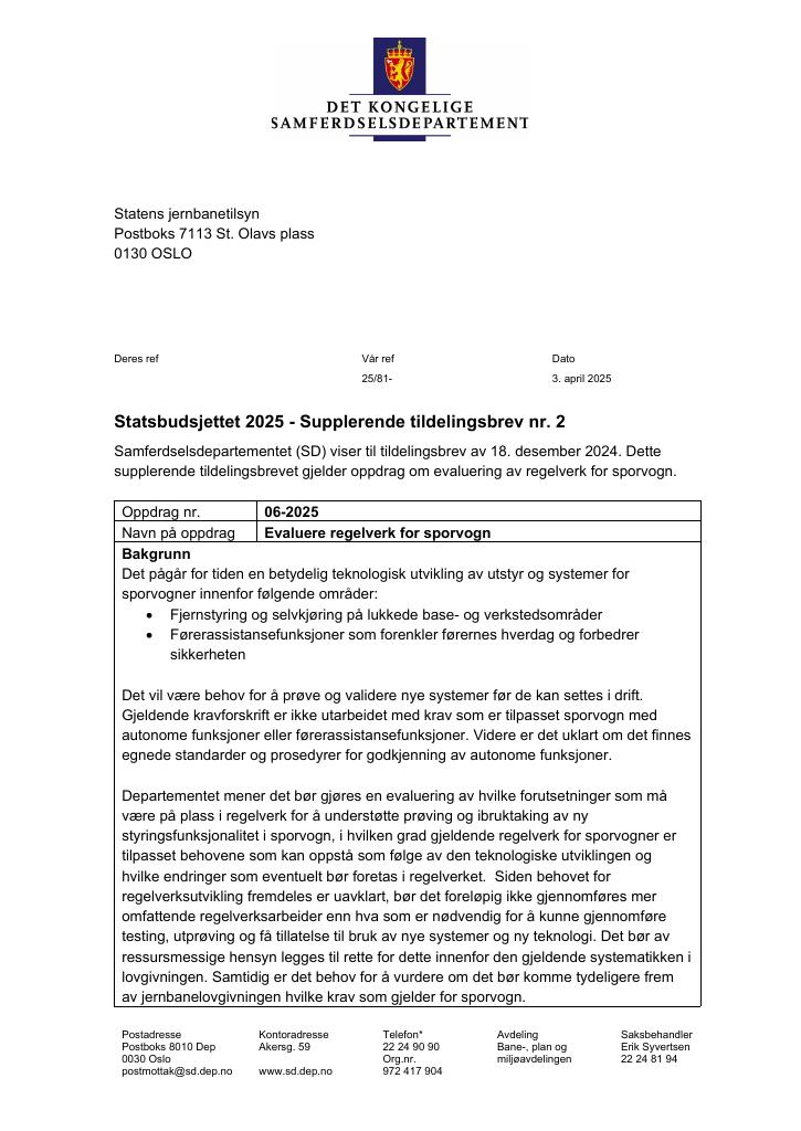 Forsiden av dokumentet Tildelingsbrev Statens jernbanetilsyn 2025 - tillegg nr. 2