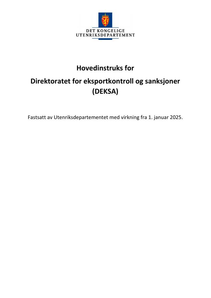 Forsiden av dokumentet Hovedinstruks Direktoratet for eksportkontroll og sanksjoner (DEKSA)