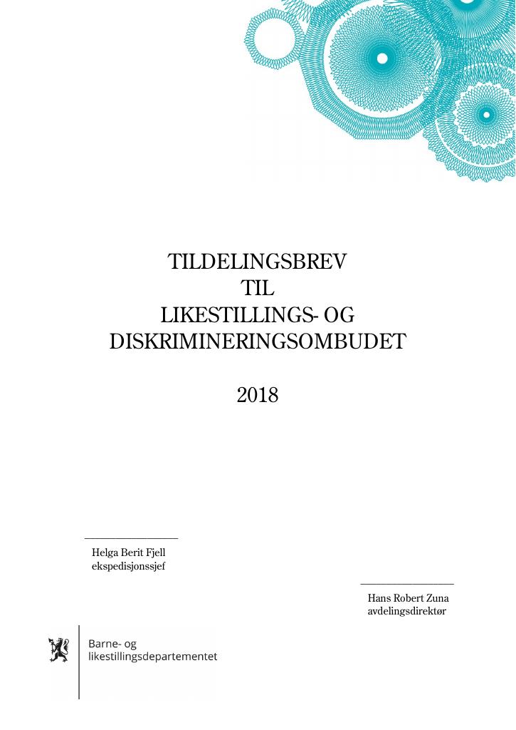 Forsiden av dokumentet Tildelingsbrev Likestillings- og diskrimineringsombudet 2018