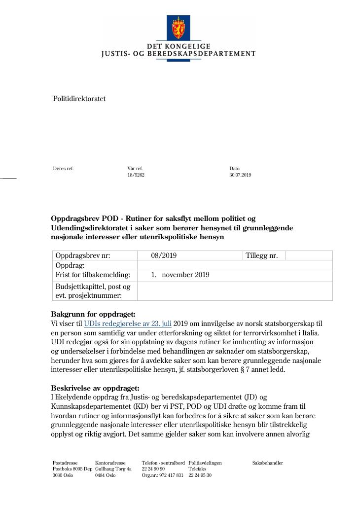 Forsiden av dokumentet Tildelingsbrev Politidirektoratet 2019 - tillegg nr. 8