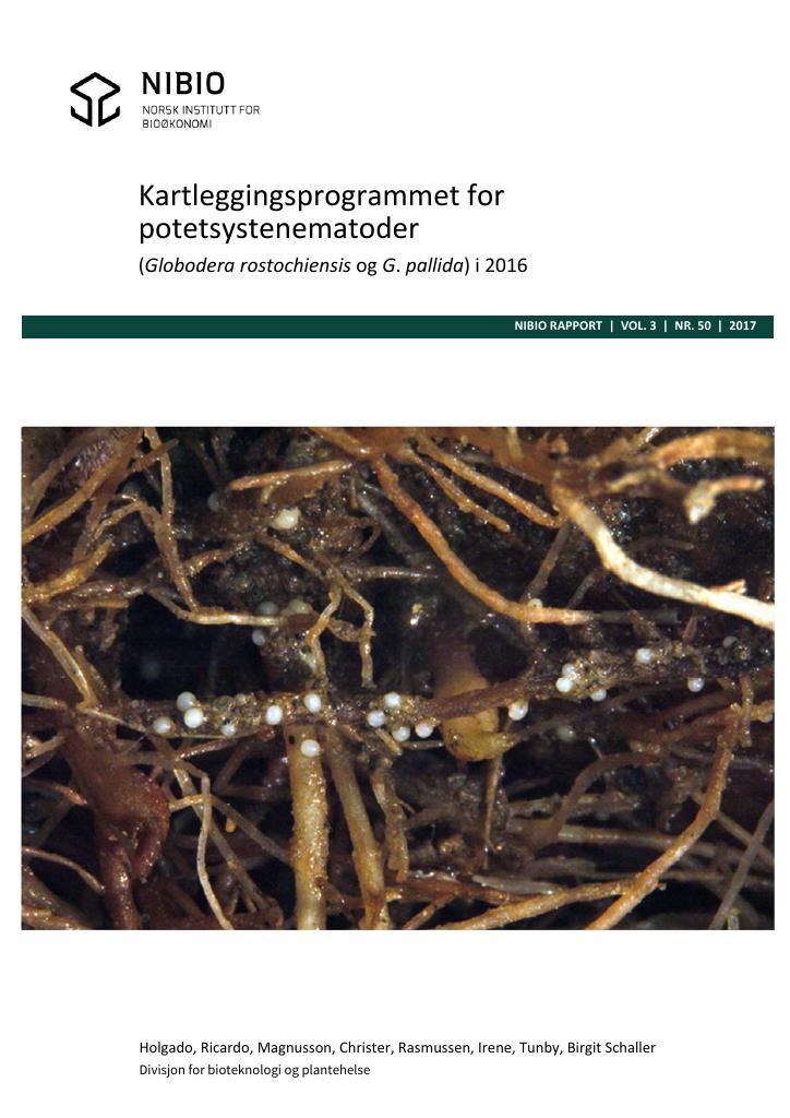 Forsiden av dokumentet Kartleggingsprogrammet for potetcystenematoder. (Globodera rostochiensis og G. pallida) i 2016