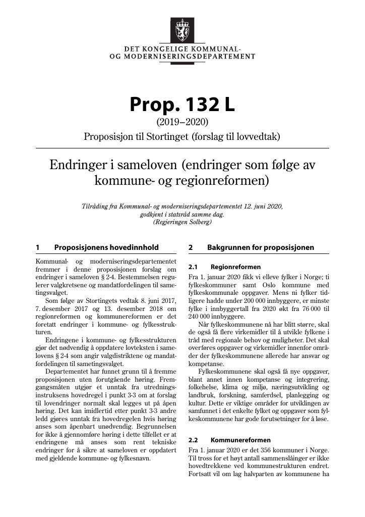 Forsiden av dokumentet Prop. 132 L (2019–2020)