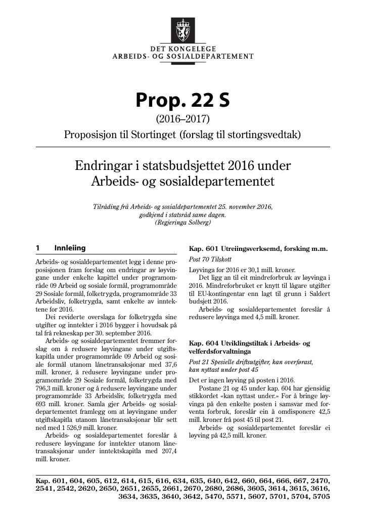 Forsiden av dokumentet Prop. 22 S (2016–2017)