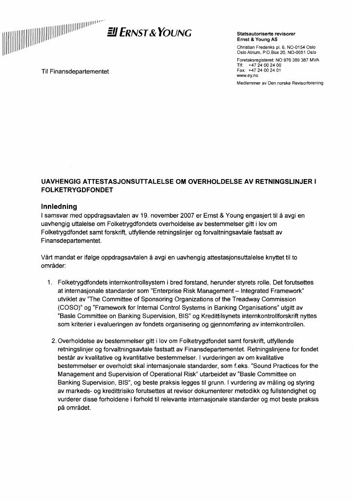 Forsiden av dokumentet Uavhengig attestasjonsuttalelse om overholdelse av retningslinjer i Folketrygdfondet