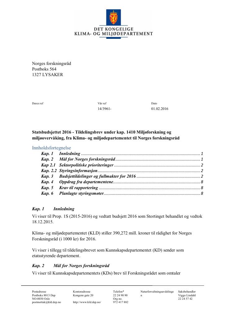 Forsiden av dokumentet Tildelingsbrev