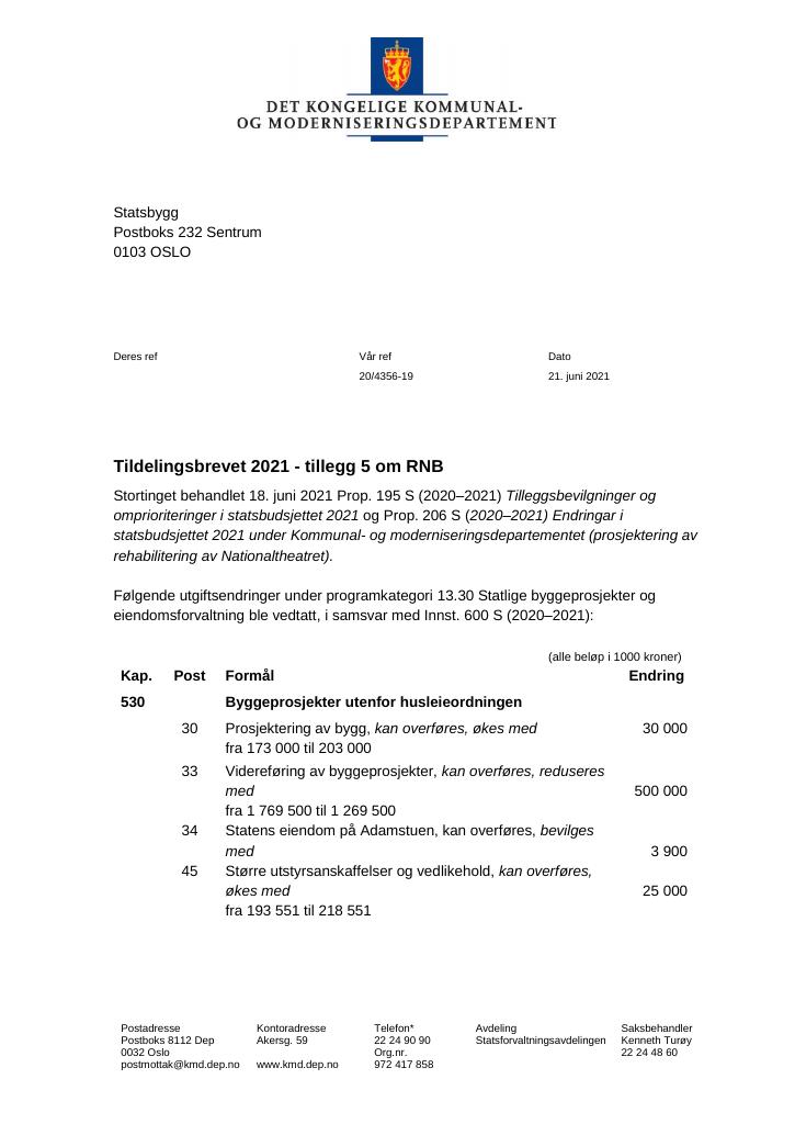 Forsiden av dokumentet Tildelingsbrev Statsbygg 2021 - tillegg nr. 5