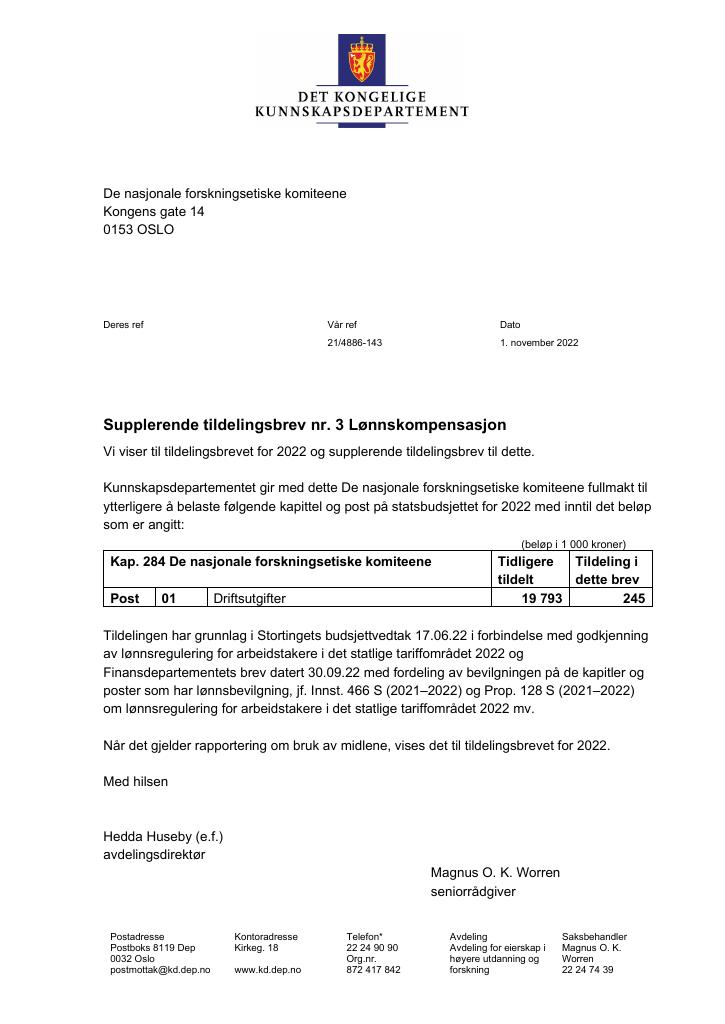 Forsiden av dokumentet Tildelingsbrev De nasjonale forskningsetiske komiteene 2022 - tillegg nr. 3