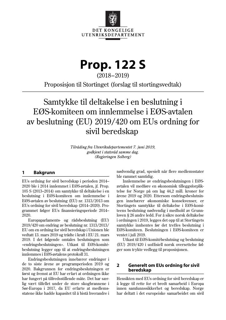 Forsiden av dokumentet Prop. 122 S (2018–2019)